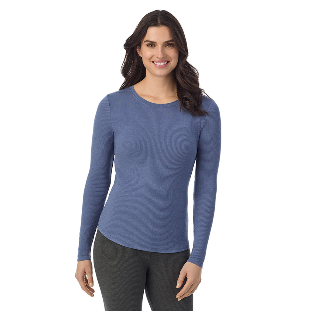 Smoke Blue Heather; Model is wearing a size S. She is 5’9”, Bust 34”, Waist 25”, Hips 36”@ A Lady is wearing a Smoke Blue Heather Stretch Rib Long Sleeve Crew