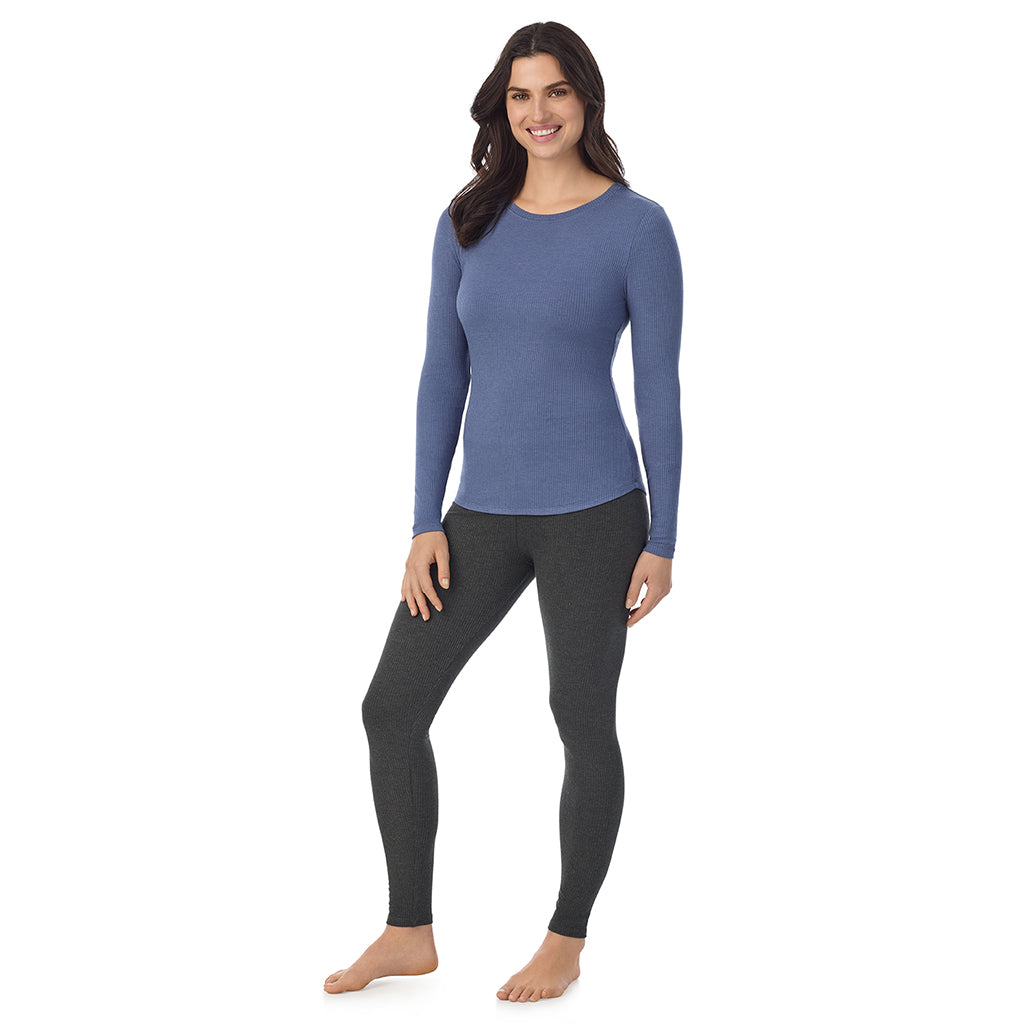 Smoke Blue Heather; Model is wearing a size S. She is 5’9”, Bust 34”, Waist 25”, Hips 36”@ A Lady is wearing a Smoke Blue Heather Stretch Rib Long Sleeve Crew