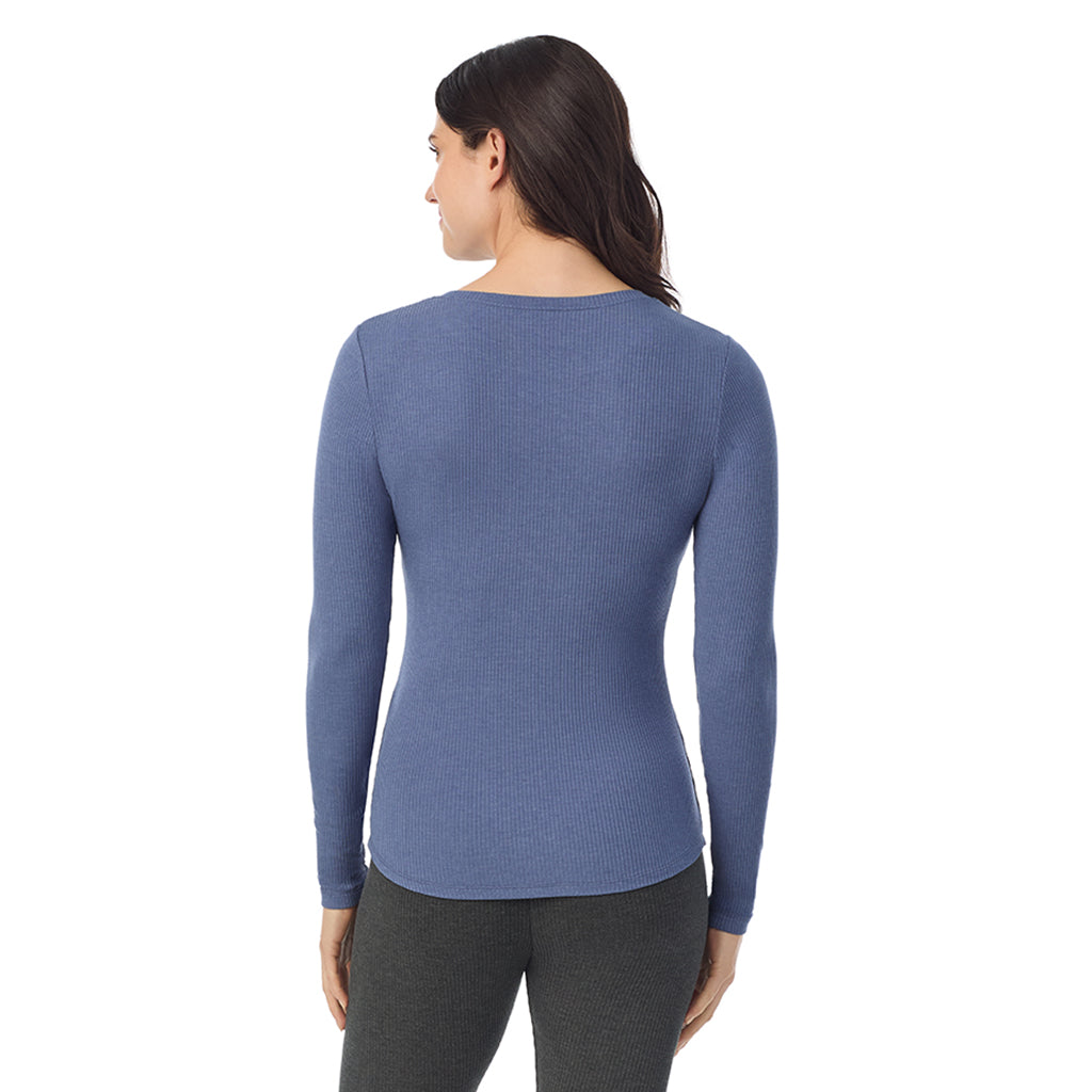  A Lady is wearing a Smoke Blue Heather Stretch Rib Long Sleeve Crew