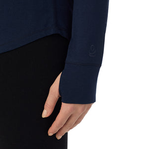 A lady wearing Navy Blazer cottonwear long sleeve scoop neck
