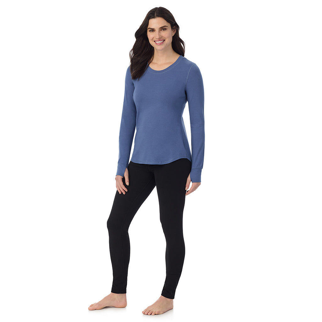 Smoke Blue; Model is wearing a size S. She is 5’9”, Bust 34”, Waist 25”, Hips 36”@A lady wearing Smoke Blue cottonwear long sleeve scoop neck