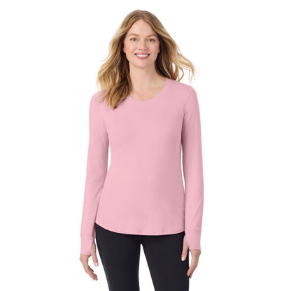 Mauve Mist; Model is wearing size S. She is 5'11", Bust 33", Waist 24", Hips 34".@A lady wearing Mauve Mist cottonwear long sleeve scoop neck
