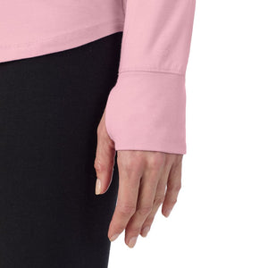 A lady wearing Mauve Mist cottonwear long sleeve scoop neck