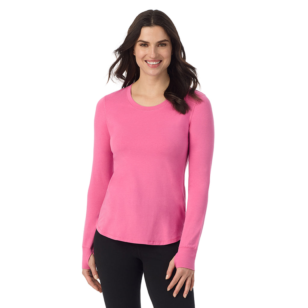 A lady wearing Fiji Pink cottonwear long sleeve scoop neck