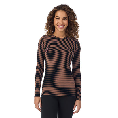 Pecan Stripe; Model is wearing size S. She is 5’9”, Bust 34”, Waist 23”, Hips 35”. @A lady wearing pecan stripe  longsleeve crew.