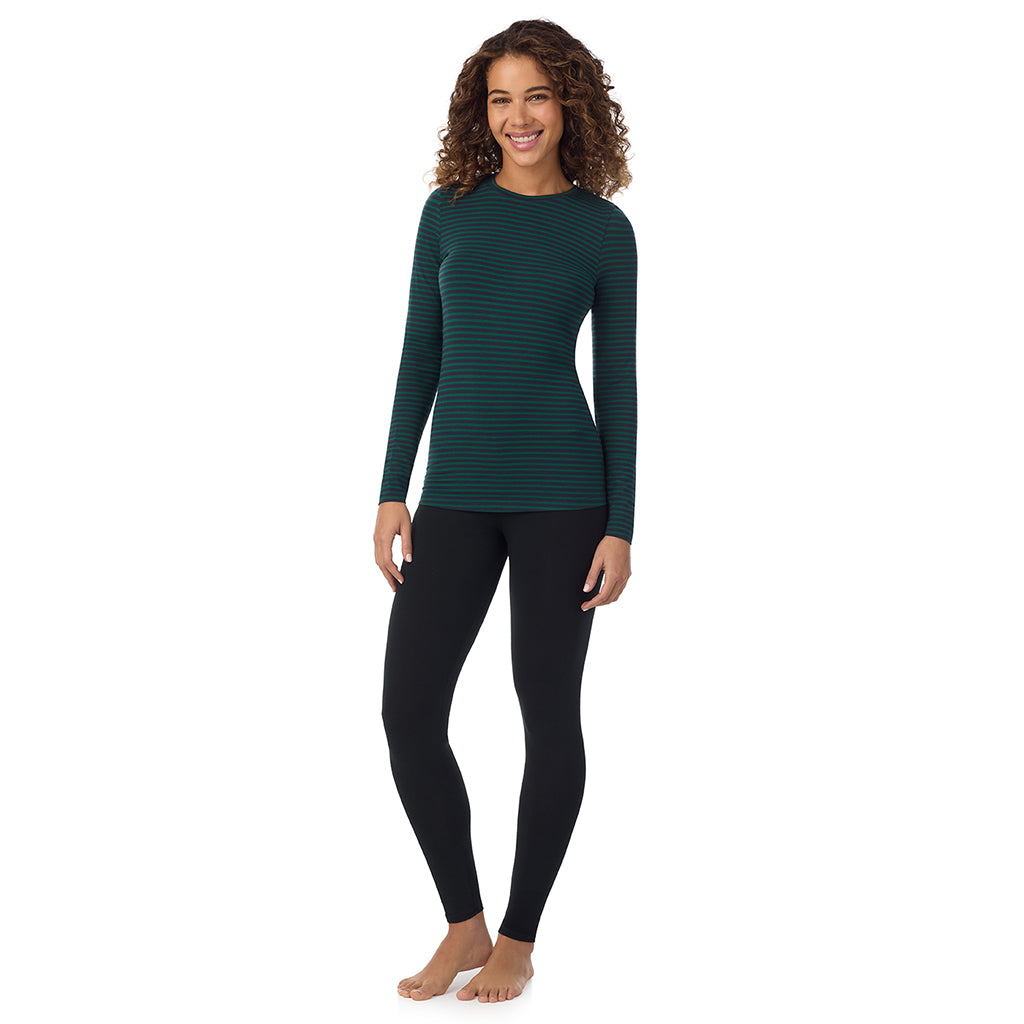 Navy Green Stripe; Model is wearing size S. She is 5’9”, Bust 34”, Waist 23”, Hips 35”. @A lady wearing navy green stripe longsleeve crew.