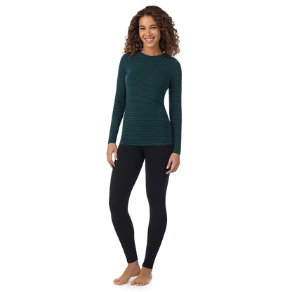 Navy Green Stripe; Model is wearing size S. She is 5’9”, Bust 34”, Waist 23”, Hips 35”. @A lady wearing navy green stripe longsleeve crew.