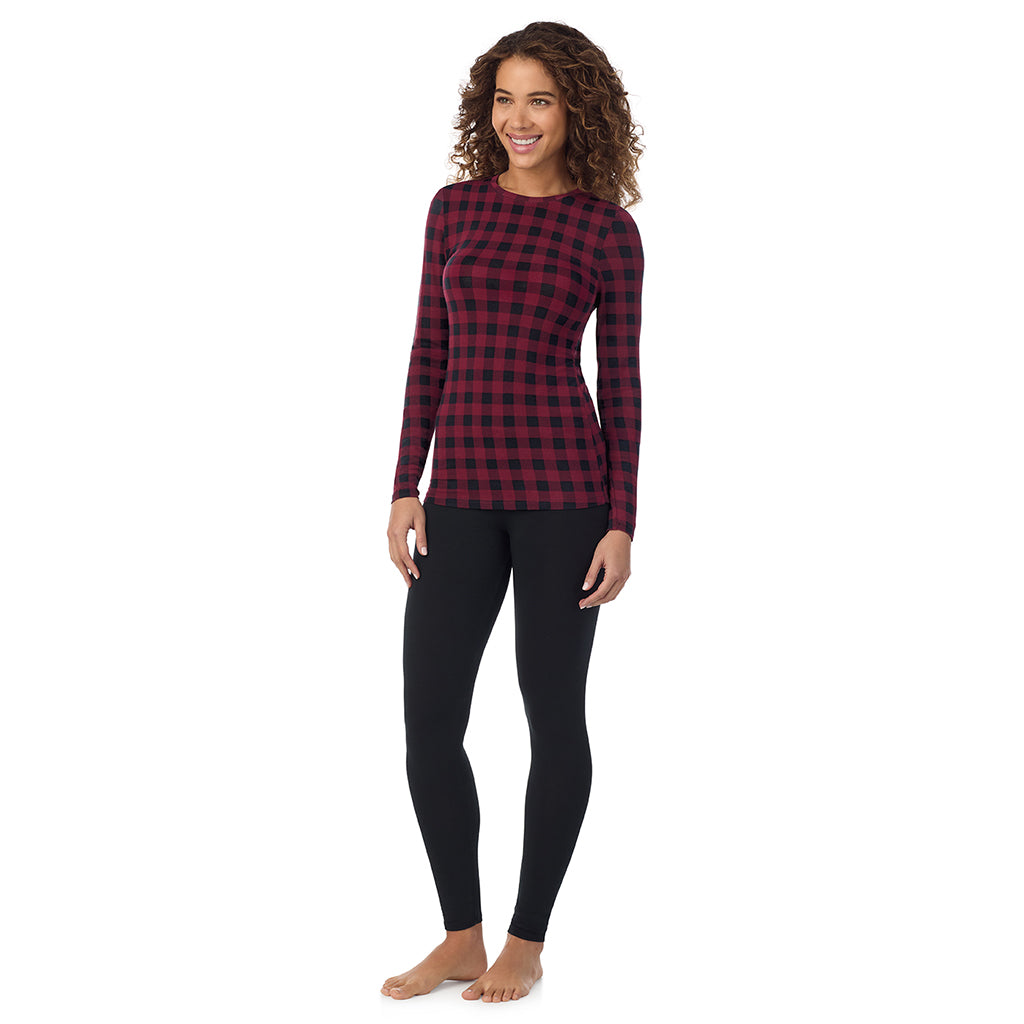 Cabernet Buffalo Check; Model is wearing size S. She is 5’9”, Bust 34”, Waist 23”, Hips 35”. @A lady wearing cabernet buffalo check s longsleeve crew.