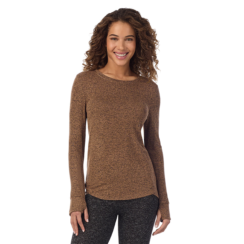 A Lady is wearing Marled Pecan SoftKnit Long Sleeve Crew