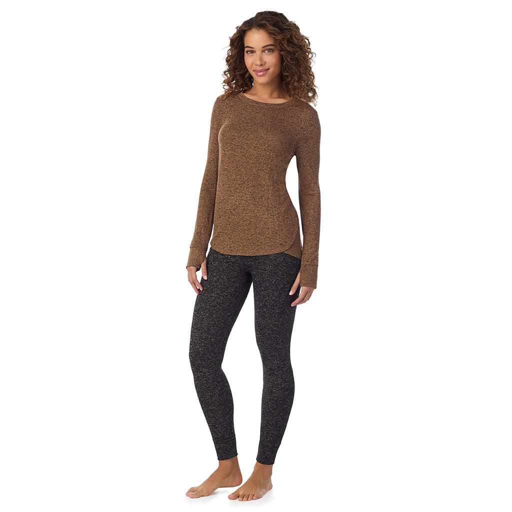  A Lady is wearing Marled Pecan Soft Knit Long Sleeve Crew