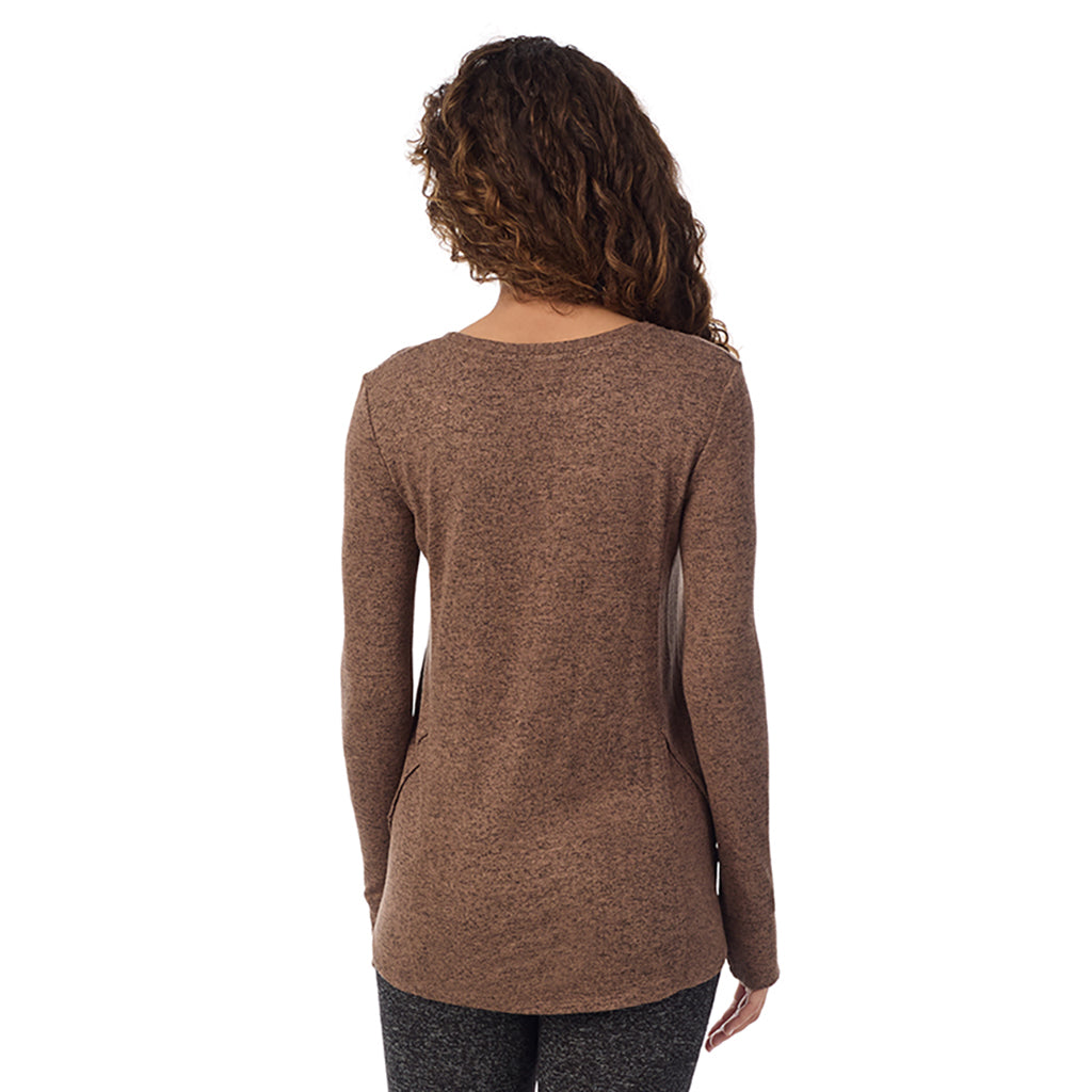 Marled Pecan; Model is wearing size S. She is 5’9”, Bust 34”, Waist 23”, Hips 35”@ A Lady is wearing Marled Pecan Soft Knit Long Sleeve Crew