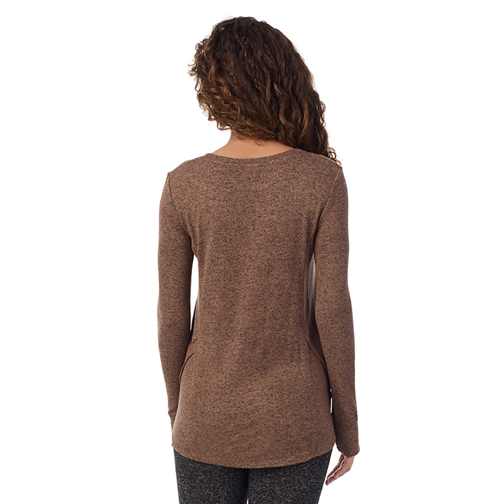 A Lady is wearing Marled Pecan Soft Knit Long Sleeve Crew