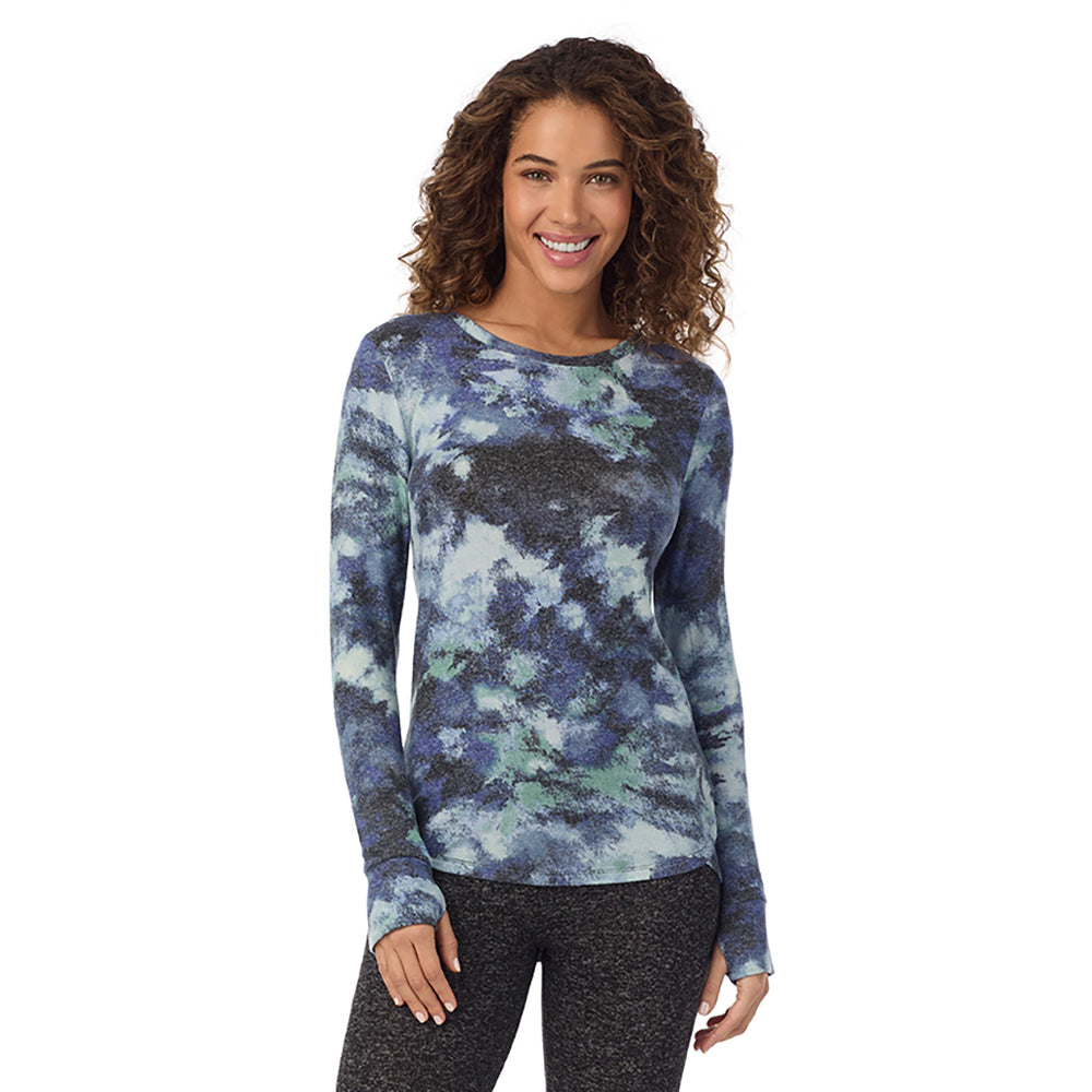 A Lady is wearing Blue Texture Soft Knit Long Sleeve Crew