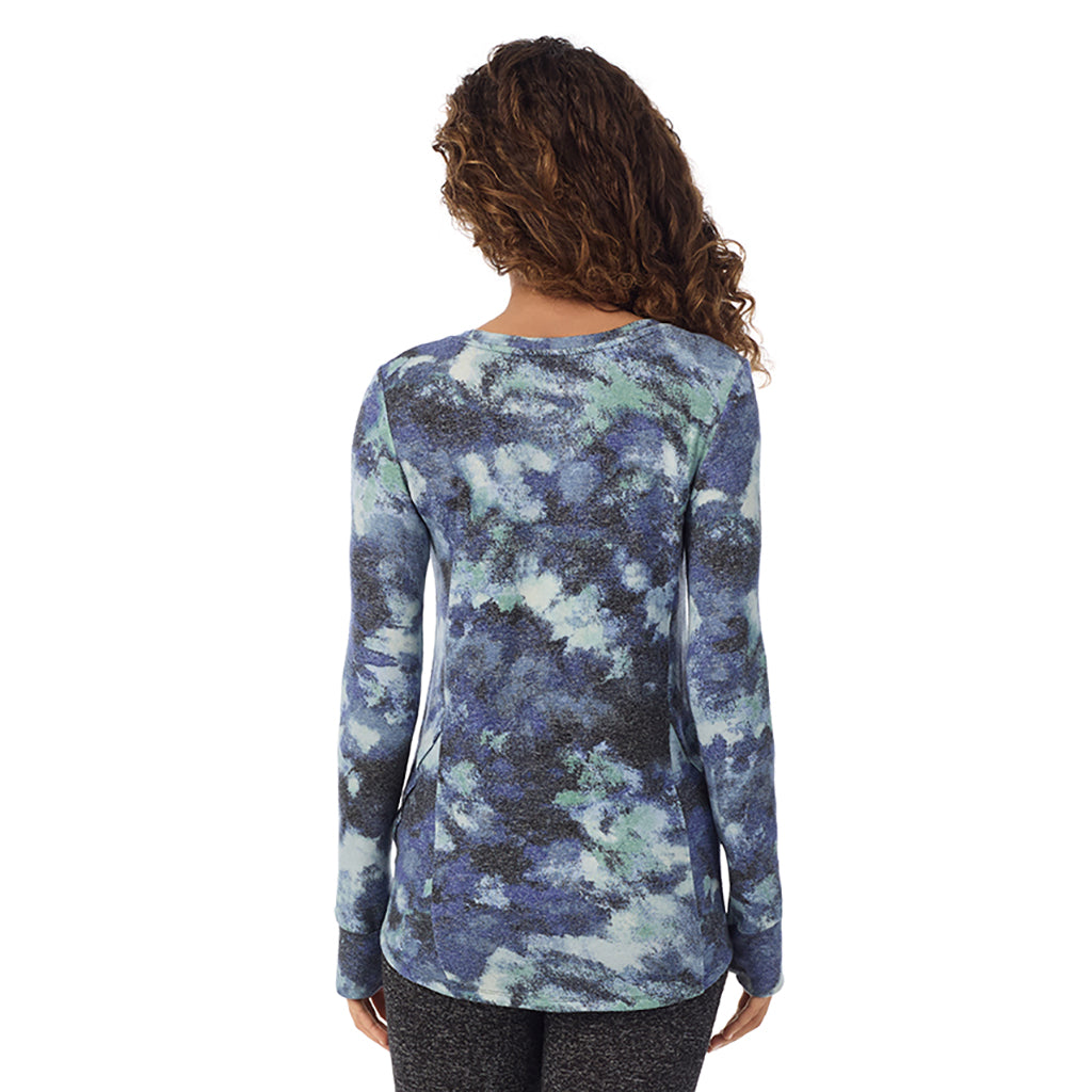  A Lady is wearing Blue Texture Soft Knit Long Sleeve Crew