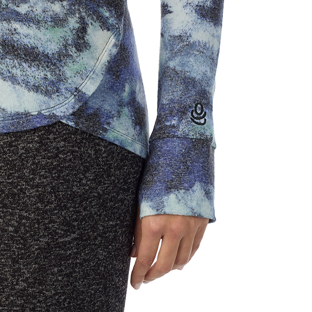 A Lady is wearing Blue Texture Soft Knit Long Sleeve Crew