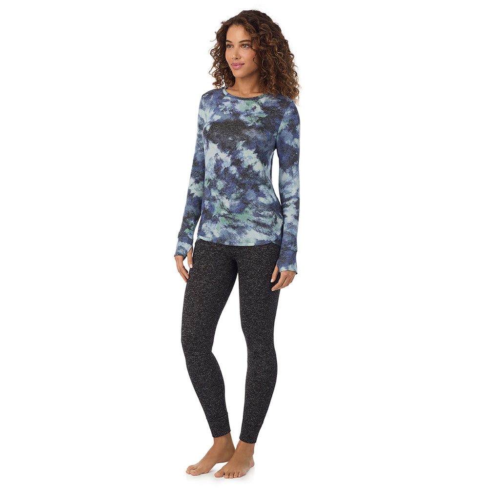 A Lady is wearing Blue Texture Soft Knit Long Sleeve Crew