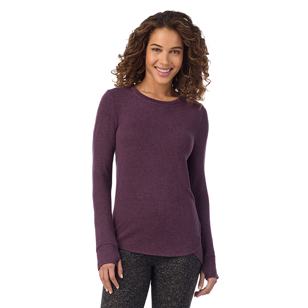 Marled Boysenberry; Model is wearing size S. She is 5’9”, Bust 34”, Waist 23”, Hips 35”@ A Lady is wearing Marled Boysenberry Soft Knit Long Sleeve Crew