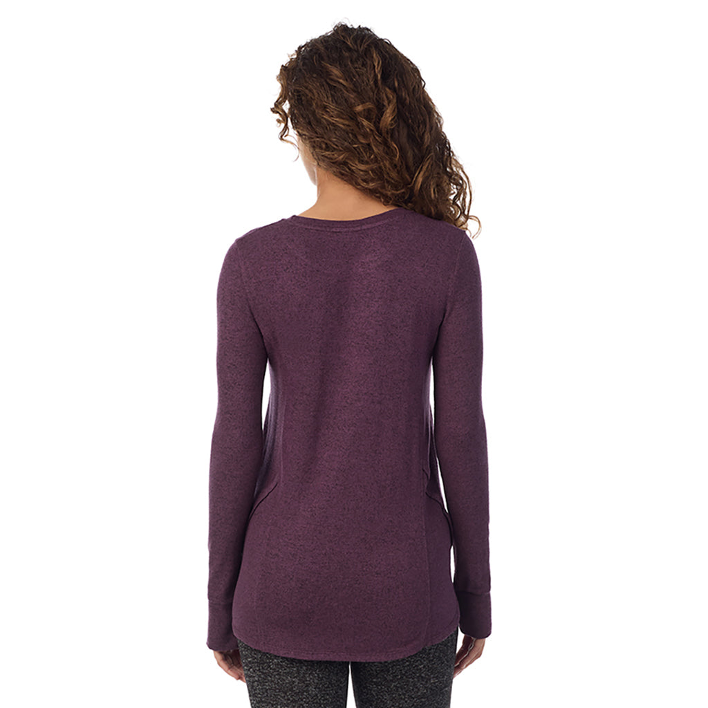 Marled Boysenberry; Model is wearing size S. She is 5’9”, Bust 34”, Waist 23”, Hips 35”@ A Lady is wearing Marled Boysenberry Soft Knit Long Sleeve Crew