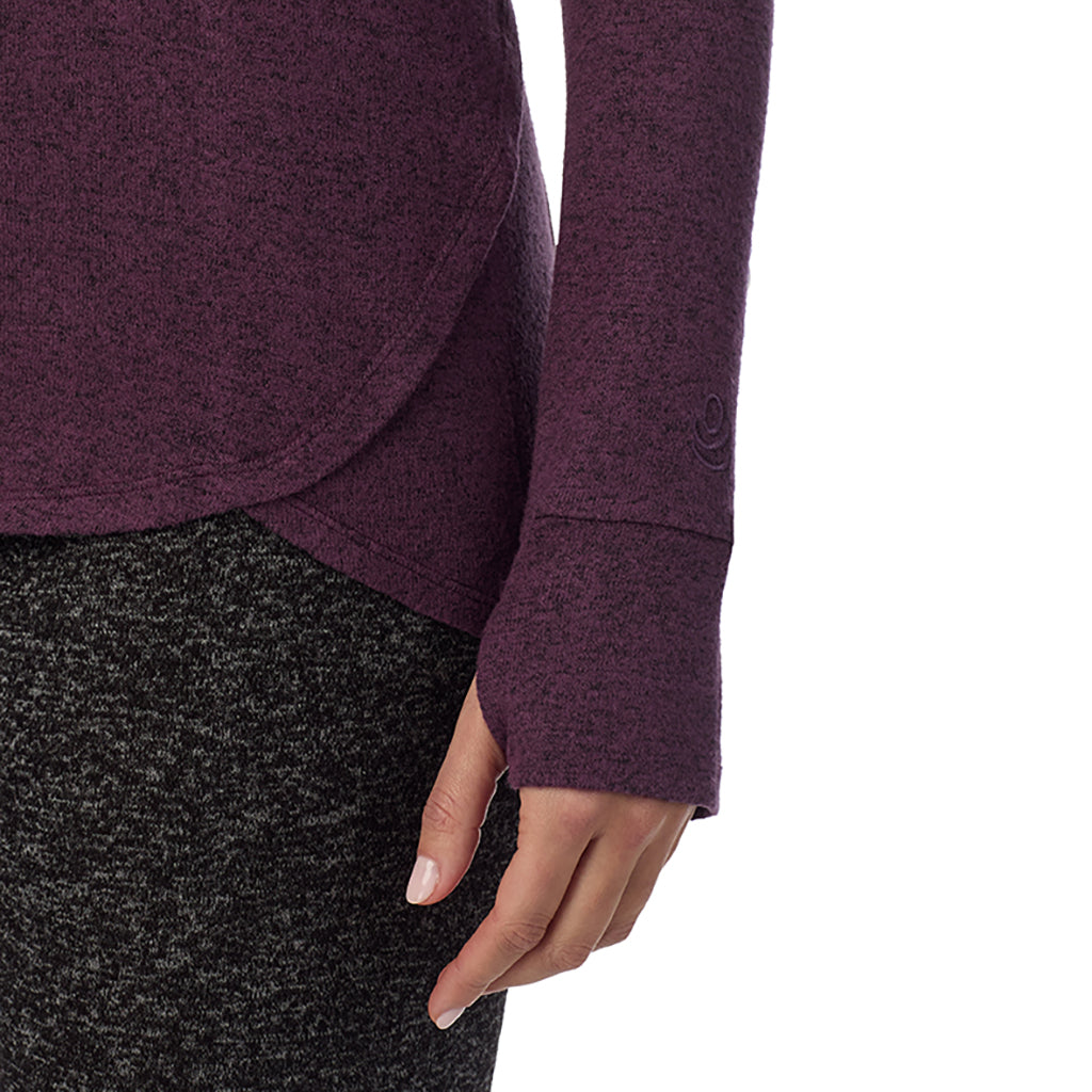 Marled Boysenberry; Model is wearing size S. She is 5’9”, Bust 34”, Waist 23”, Hips 35”@ A Lady is wearing Marled Boysenberry Soft Knit Long Sleeve Crew