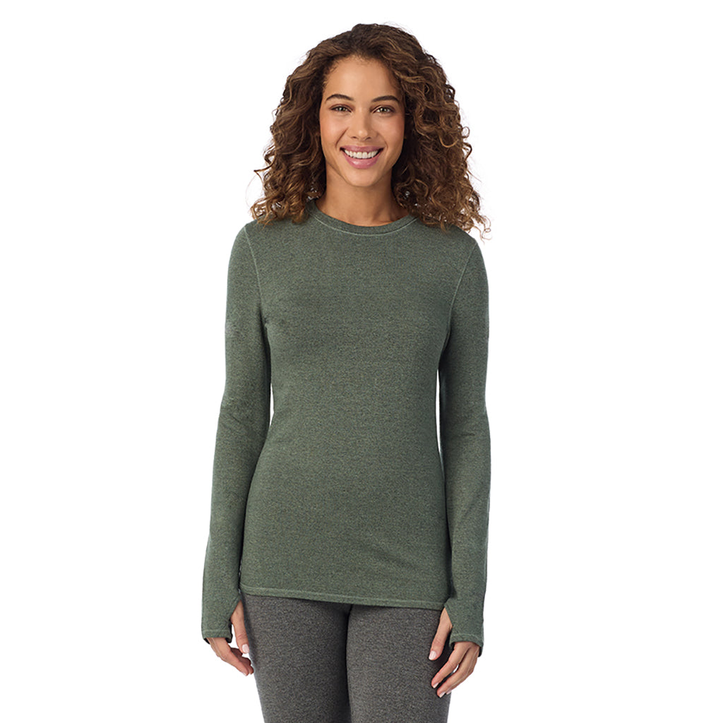 Soft Olive Heather; Model is wearing size S. She is 5’9”, Bust 34”, Waist 23”, Hips 35”@ A Lady is wearing Soft Olive Heather Ultra Cozy Long Sleeve Crew