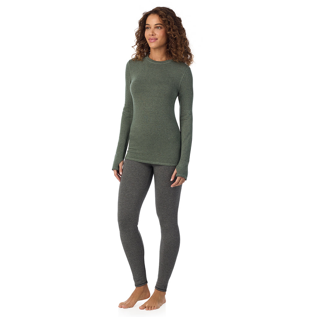  A Lady is wearing Soft Olive Heather Ultra Cozy Long Sleeve Crew