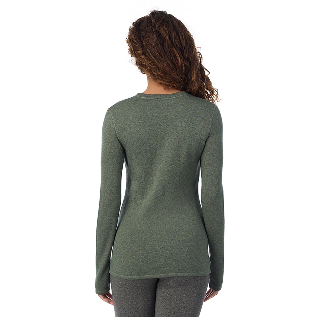  A Lady is wearing Soft Olive Heather Ultra Cozy Long Sleeve Crew