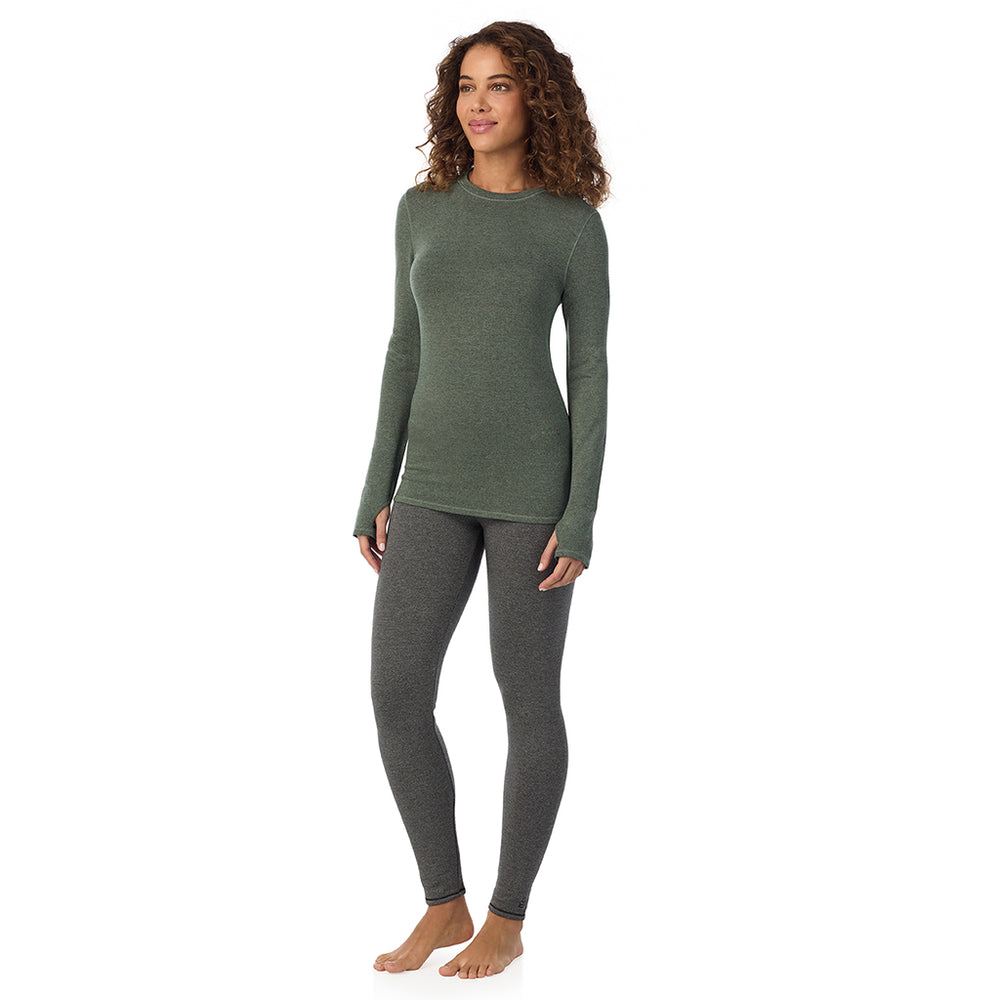 A Lady is wearing Soft Olive Heather Ultra Cozy Long Sleeve Crew