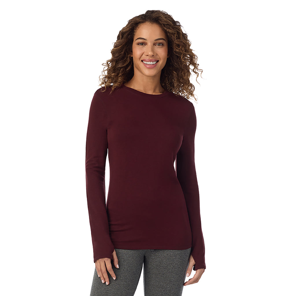 Cabernet Heather; Model is wearing size S. She is 5’9”, Bust 34”, Waist 23”, Hips 35”@ A Lady is wearing Cabernet Heather Ultra Cozy Long Sleeve Crew