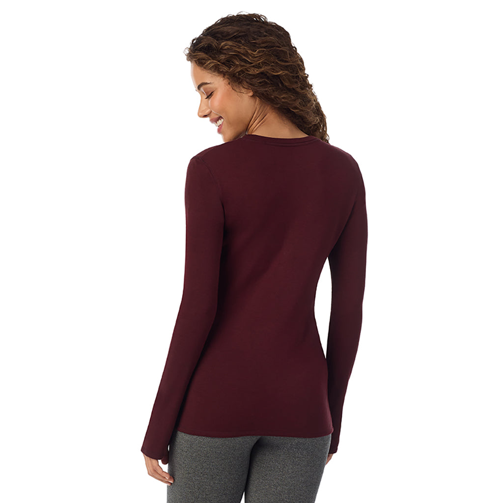 Cabernet Heather; Model is wearing size S. She is 5’9”, Bust 34”, Waist 23”, Hips 35”@ A Lady is wearing Cabernet Heather Ultra Cozy Long Sleeve Crew