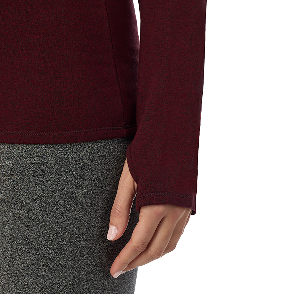  A Lady is wearing Cabernet Heather Ultra Cozy Long Sleeve Crew