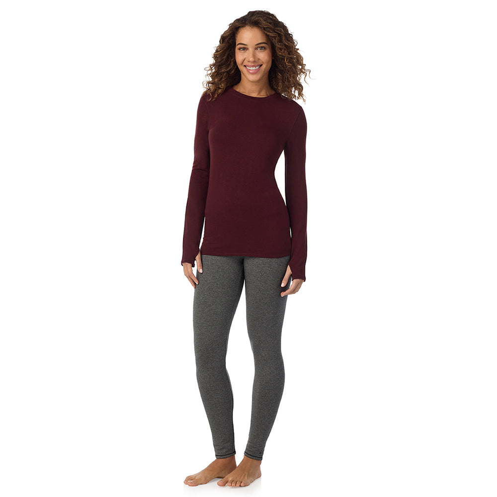 A Lady is wearing Cabernet Heather Ultra Cozy Long Sleeve Crew