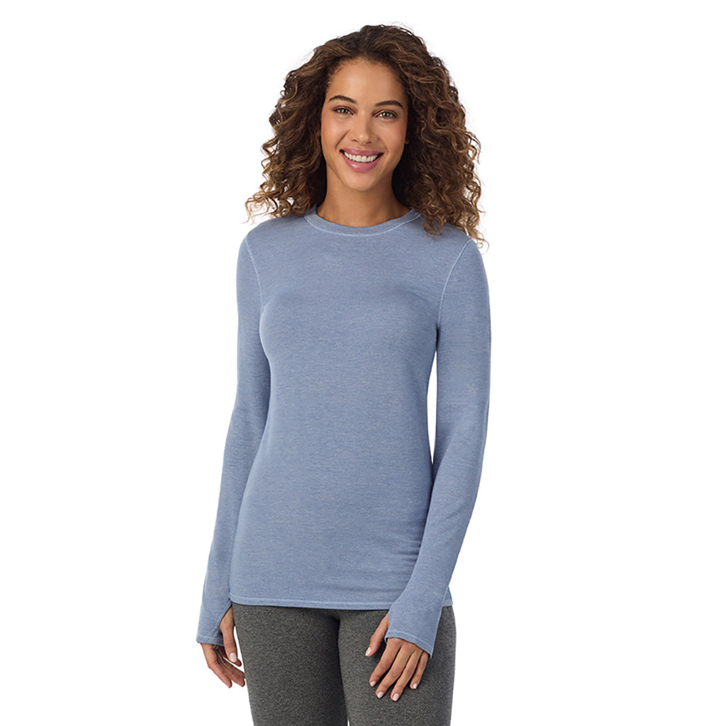 Smoke Blue Heather; Model is wearing size S. She is 5’9”, Bust 34”, Waist 23”, Hips 35”@ A Lady is wearing Smoke Blue Heather Ultra Cozy Long Sleeve Crew