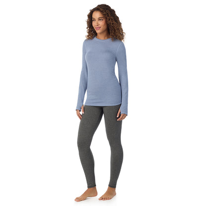 Smoke Blue Heather; Model is wearing size S. She is 5’9”, Bust 34”, Waist 23”, Hips 35”@ A Lady is wearing Smoke Blue Heather Ultra Cozy Long Sleeve Crew