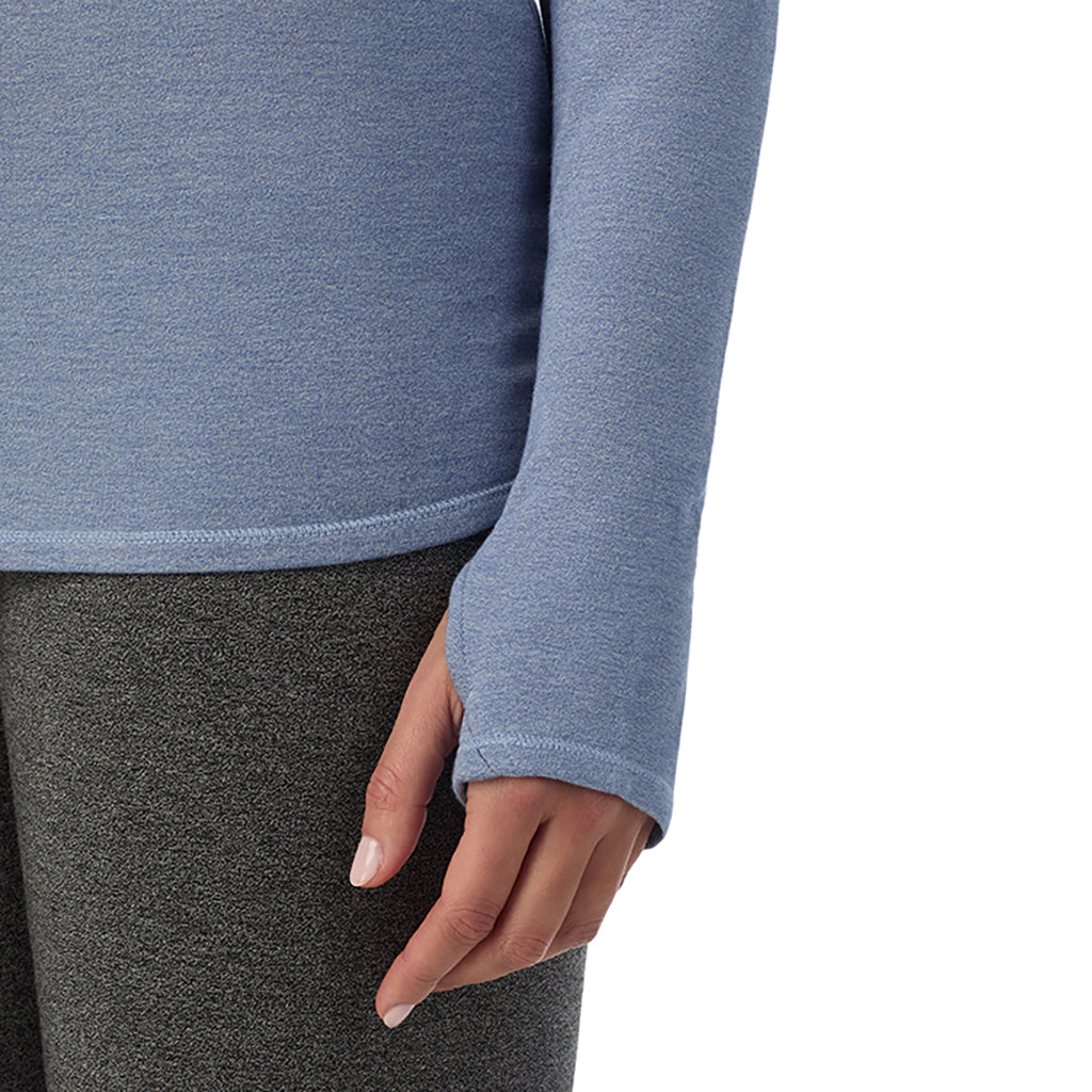 Smoke Blue Heather; Model is wearing size S. She is 5’9”, Bust 34”, Waist 23”, Hips 35”@ A Lady is wearing Smoke Blue Heather Ultra Cozy Long Sleeve Crew