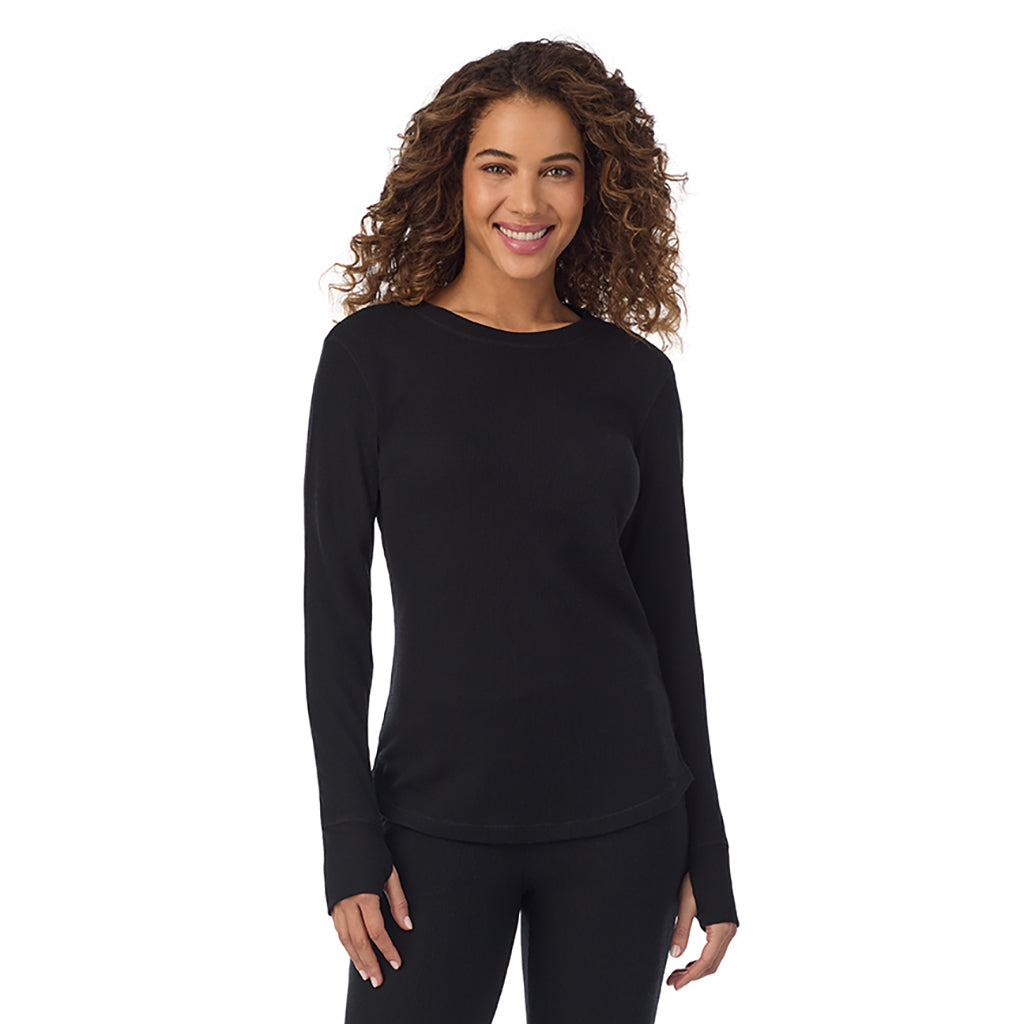 Black; Model is wearing size S. She is 5’9”, Bust 34”, Waist 23”, Hips 35”@ A Lady is wearing Black Cozy Stretch Thermal Long Sleeve Crew