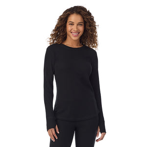 A lady wearing Cozy Stretch Thermal Long Sleeve Crew in Black  