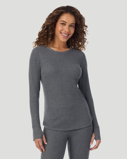 A lady wearing Cozy Stretch Thermal Long Sleeve Crew in Stone Grey Heather  
