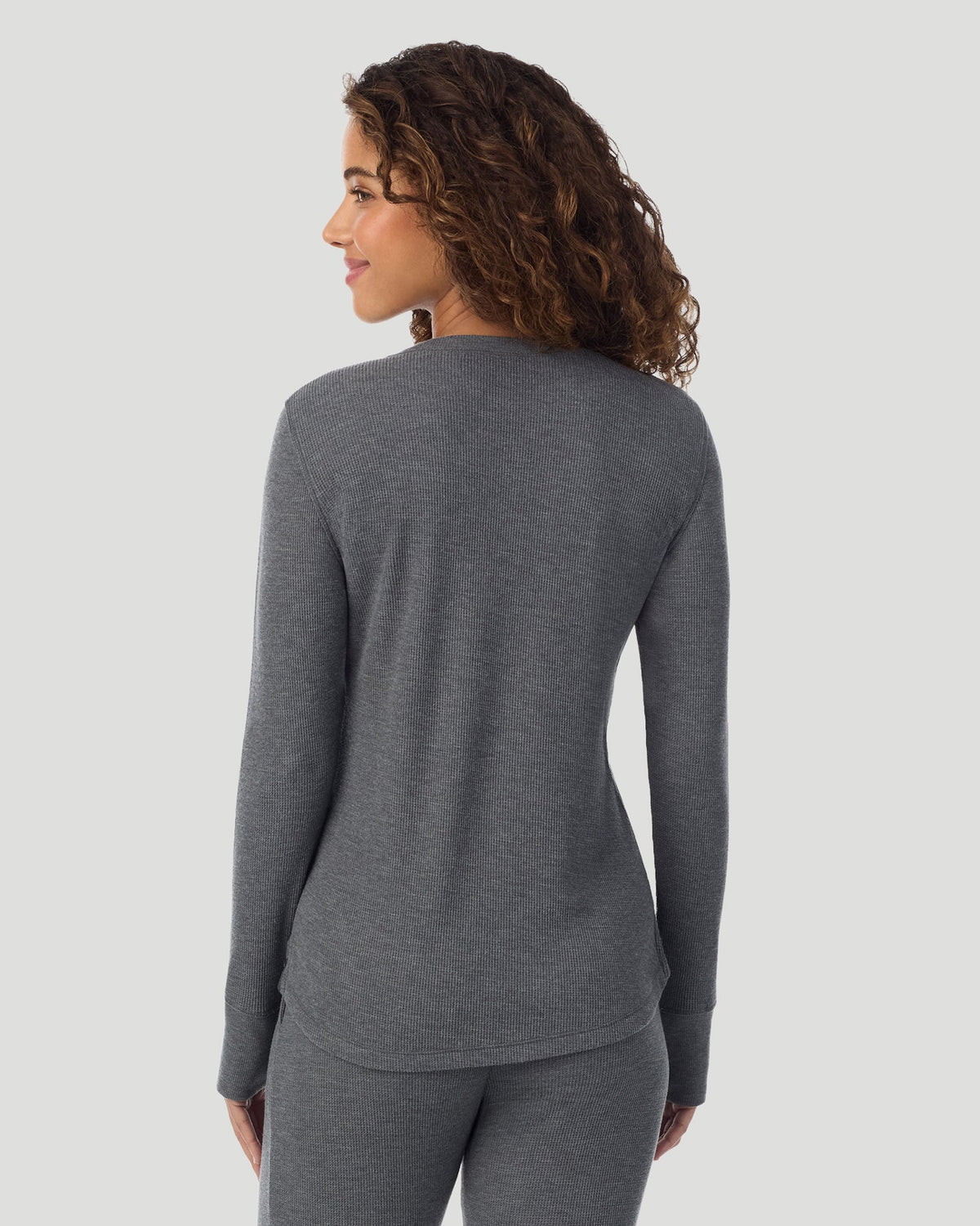 Stone Grey Heather;@A lady wearing Cozy Stretch Thermal Long Sleeve Crew in Stone Grey Heather side view side view