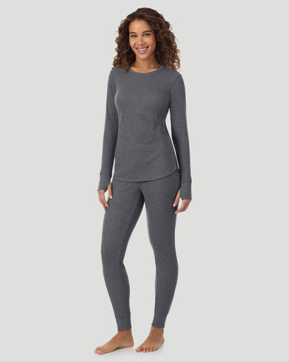 A lady wearing Cozy Stretch Thermal Long Sleeve Crew in Stone Grey Heather close up close up