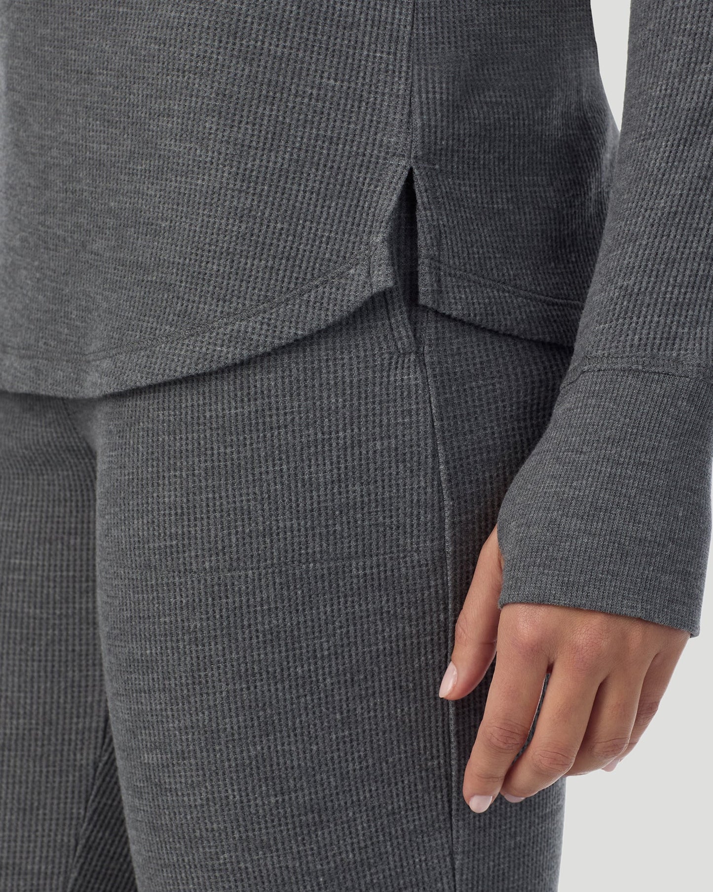 Stone Grey Heather;@A lady wearing Cozy Stretch Thermal Long Sleeve Crew in Stone Grey Heather back view back view