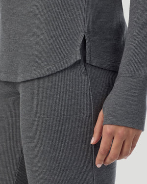 A lady wearing Cozy Stretch Thermal Long Sleeve Crew in Stone Grey Heather back view back view