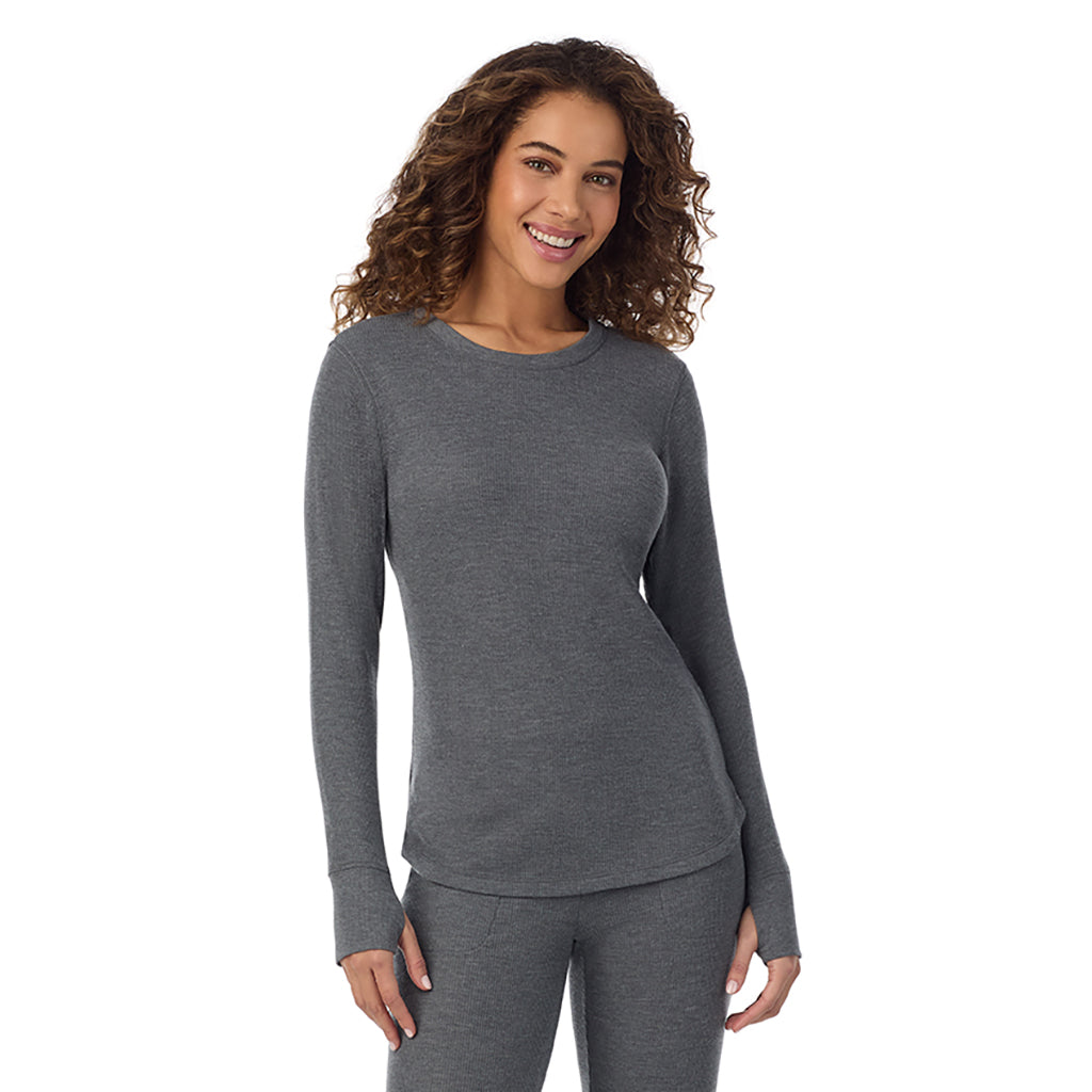 Stone Grey Heather; Model is wearing size S. She is 5’9”, Bust 34”, Waist 23”, Hips 35”@ A Lady is wearing Stone Grey Heather Cozy Stretch Thermal Long Sleeve Crew