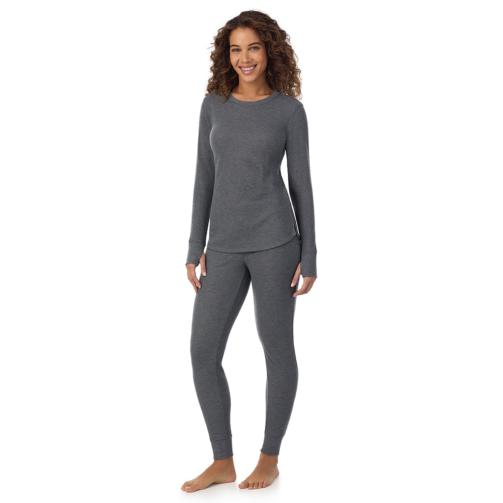  A Lady is wearing Stone Grey Heather Cozy Stretch Thermal Long Sleeve Crew