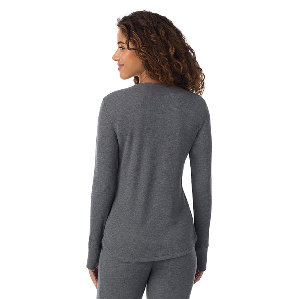  A Lady is wearing Stone Grey Heather Cozy Stretch Thermal Long Sleeve Crew