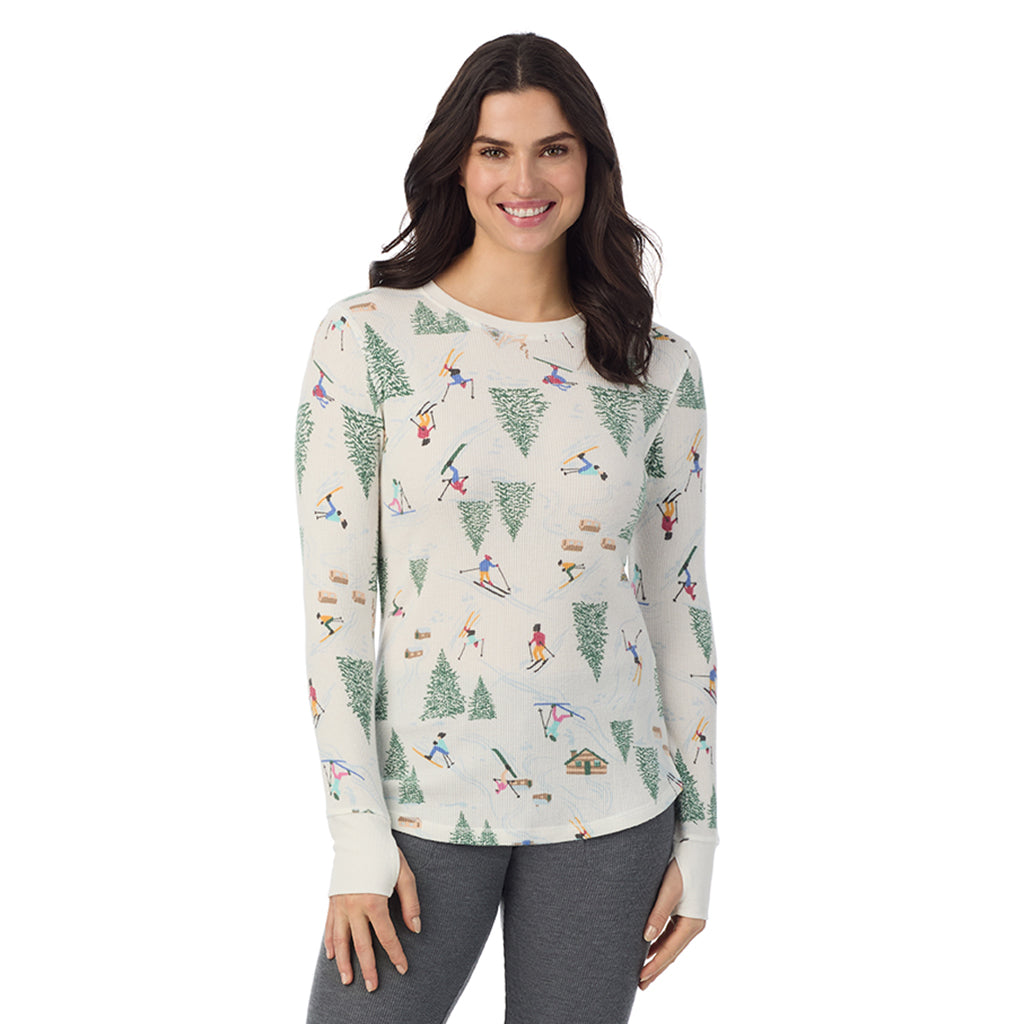  A Lady is wearing Ski Chalet Cozy Stretch Thermal Long Sleeve Crew