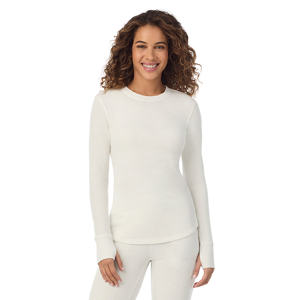 Ivory; Model is wearing size S. She is 5’9”, Bust 34”, Waist 23”, Hips 35”@ A Lady is wearing Ivory Cozy Stretch Thermal Long Sleeve Crew