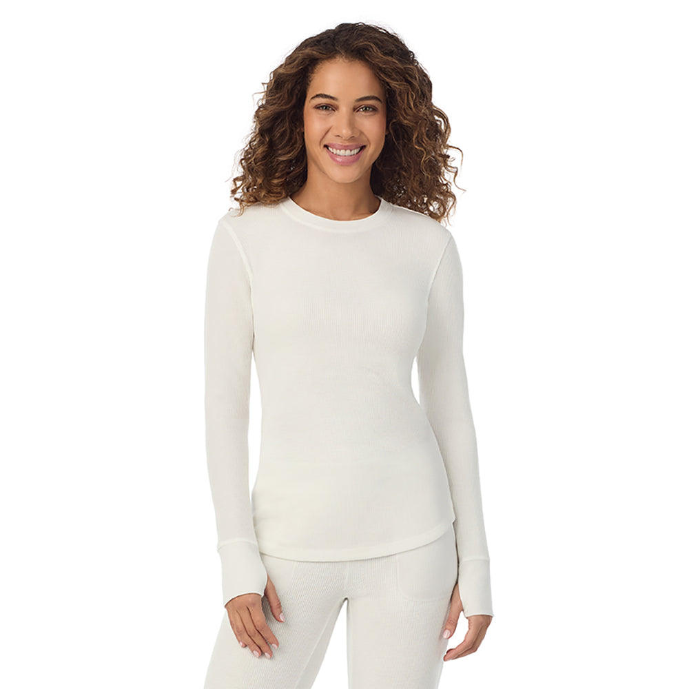 A lady wearing Cozy Stretch Thermal Long Sleeve Crew in Ivory