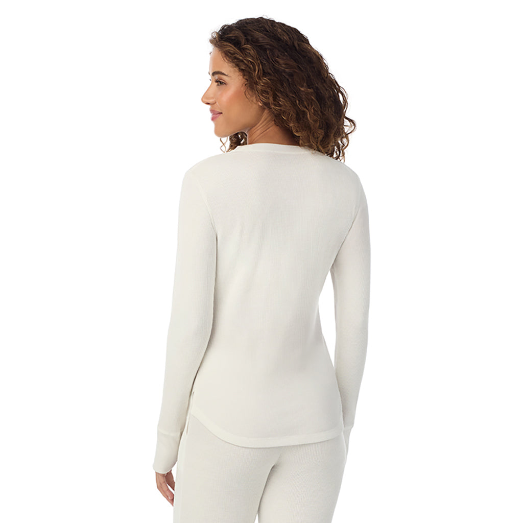 Ivory; Model is wearing size S. She is 5’9”, Bust 34”, Waist 23”, Hips 35”@ A Lady is wearing Ivory Cozy Stretch Thermal Long Sleeve Crew