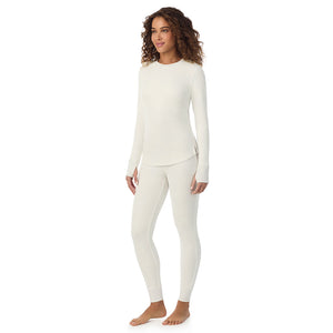 A lady wearing Cozy Stretch Thermal Long Sleeve Crew in Ivory back view back view