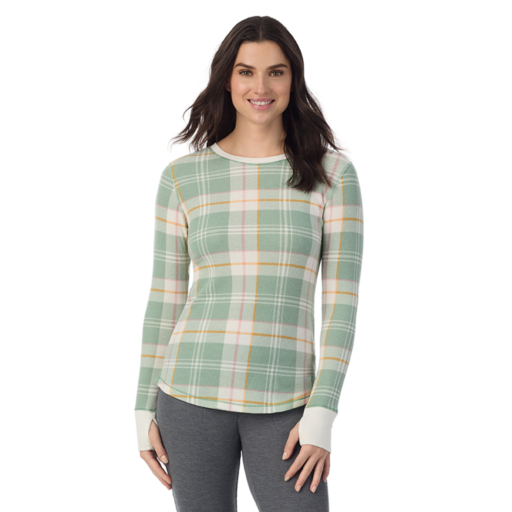 Green Plaid; Model is wearing a size S. She is 5’9”, Bust 34”, Waist 25”, Hips 36”@ A Lady is wearing Green Plaid Cozy Stretch Thermal Long Sleeve Crew